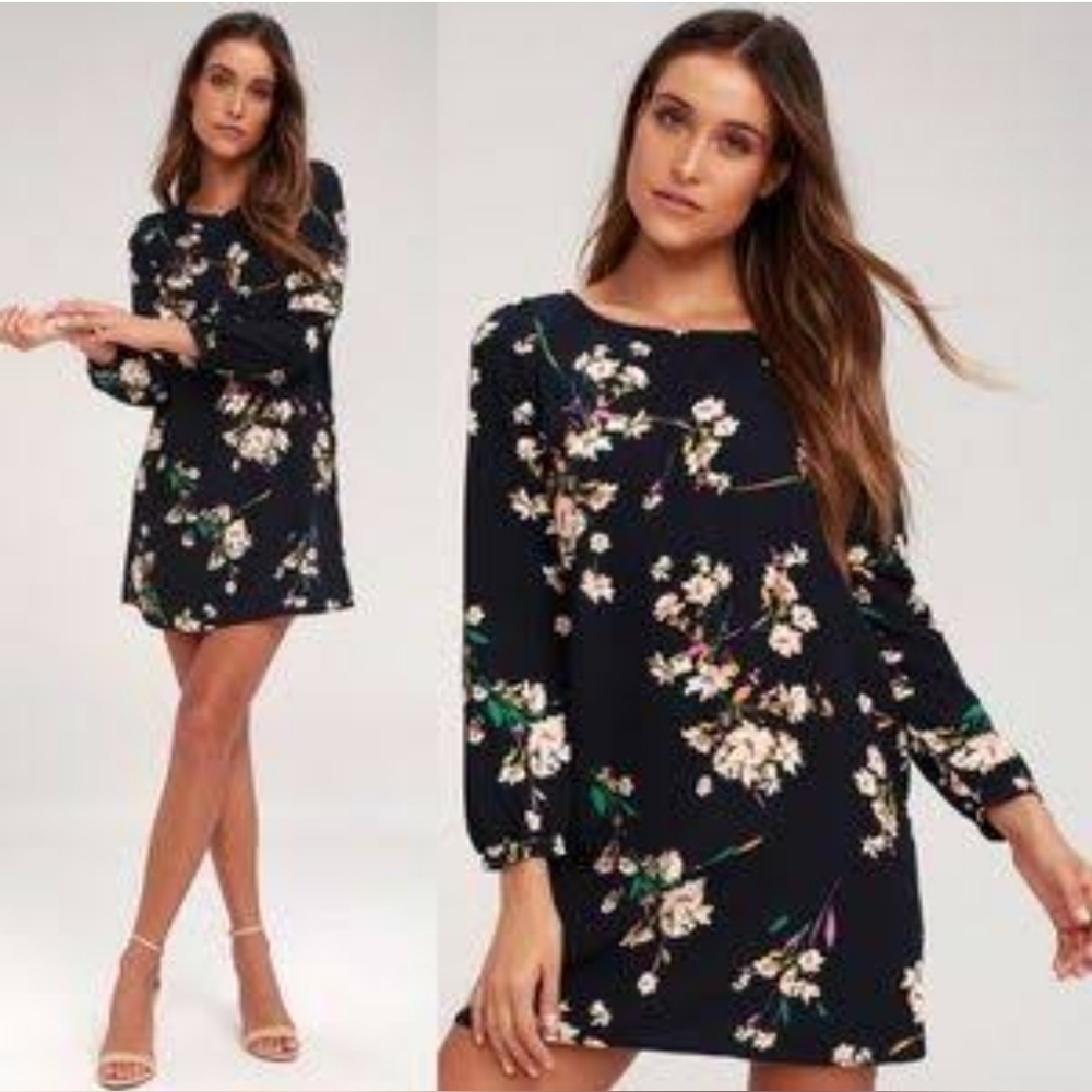 Lulu's | Herbaceous Babe Navy Floral Print Shift Tunic Long Sleeve Dress XSMALL